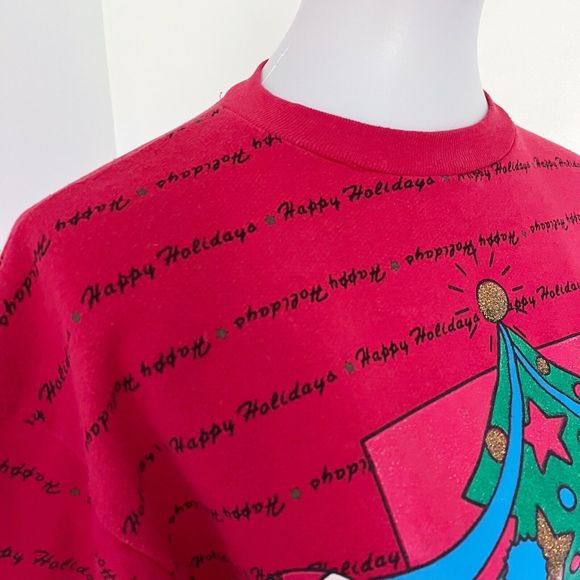 Vintage 90s Holiday Time Red Ugly Puff Paint Pullover Popover Sweatshirt Sweater - Picture 6 of 16